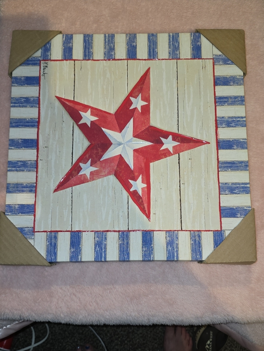 Patriotic Red Star Wall Art with Blue Striped Frame
